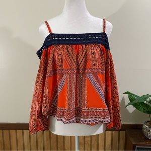 BCX Orange Navy Blue Long Sleeve Off Shoulder Patterned Top (Medium)